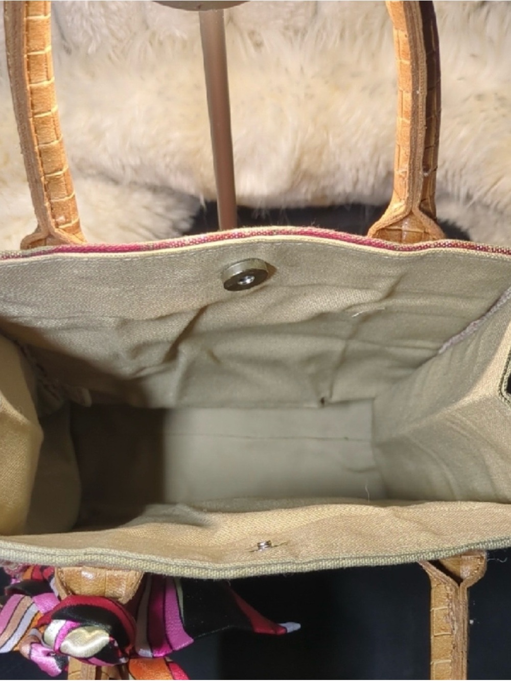 Longaberger Beige Tote with Burgundy Plaid and Multicolor Scarf - Picture 3 of 3